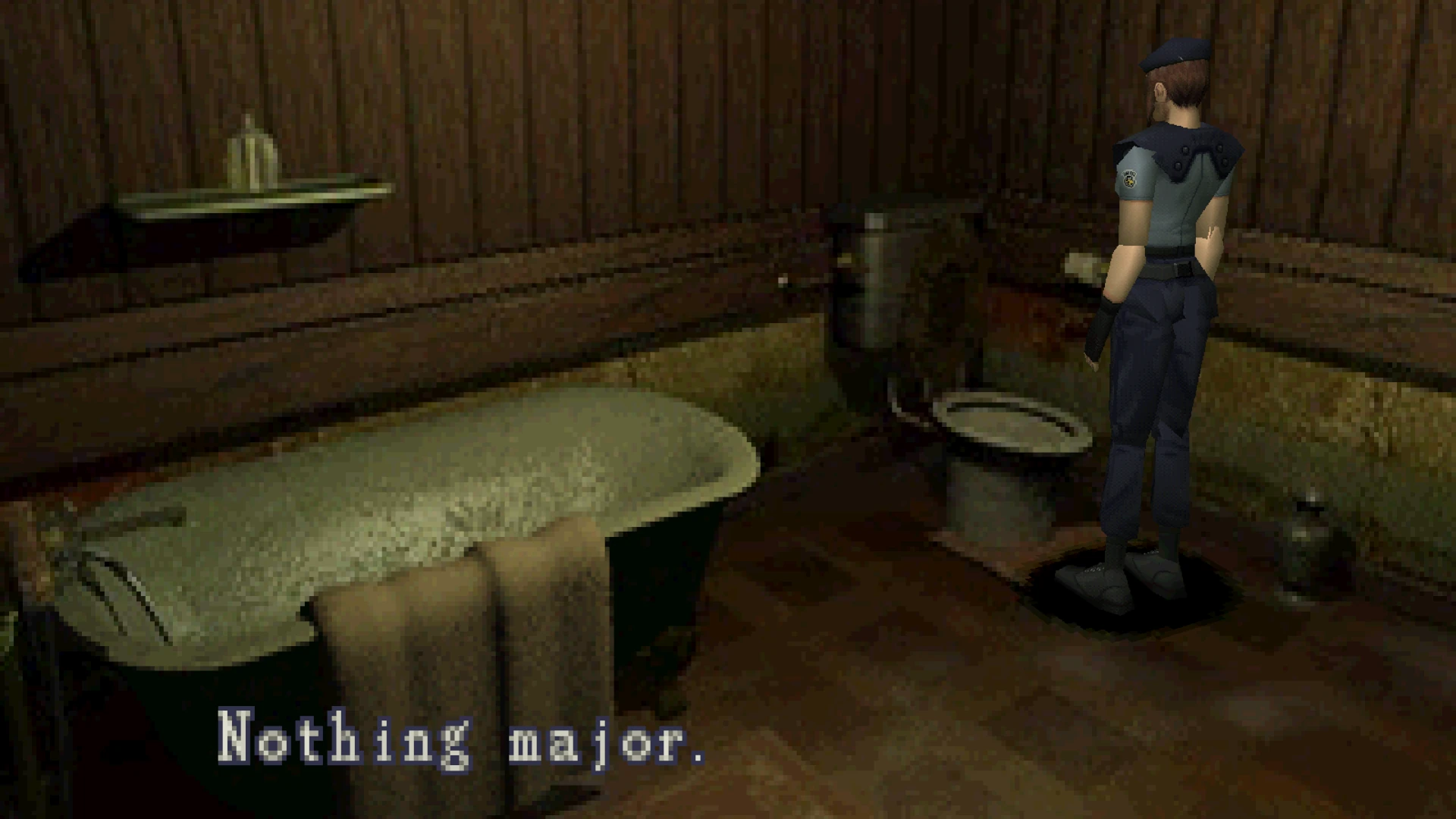 Jill from Resident Evil looking at a toilet